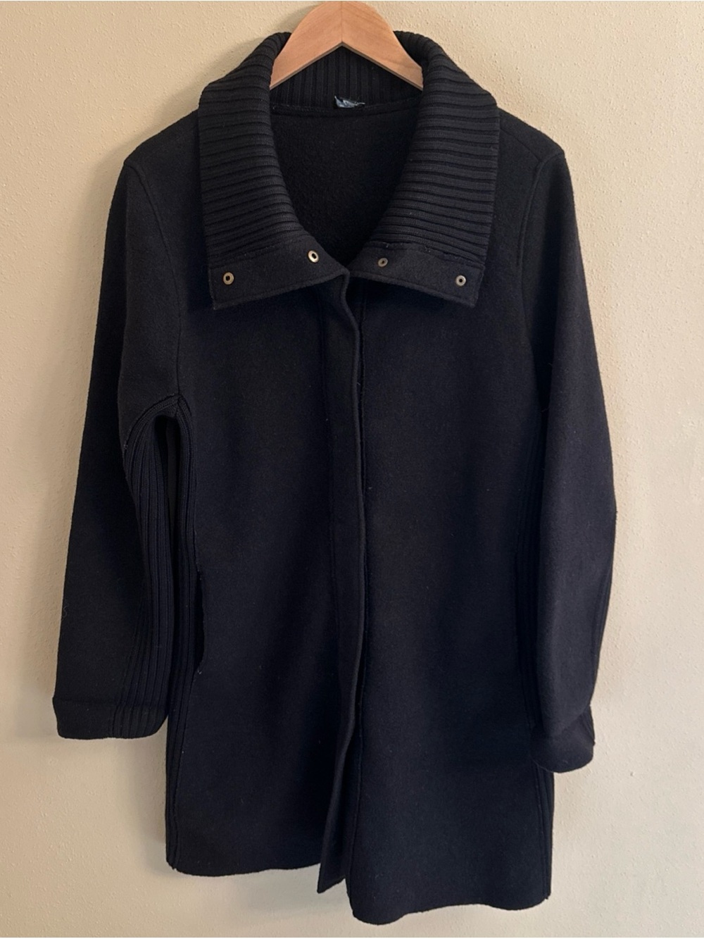 Eileen Fisher Medium Heavy 100% Wool Coat Jacket Black Button Fall Winter